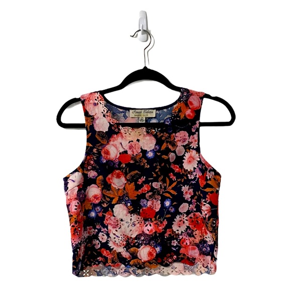 Blue & Pink Floral Cropped Tank Top | Cut Outs | S - Picture 1 of 8